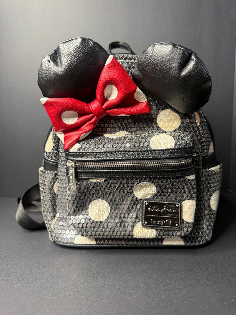 Loungefly Disney Minnie Mouse Sequin Polka Dot Mini Backpack Black Red Bow